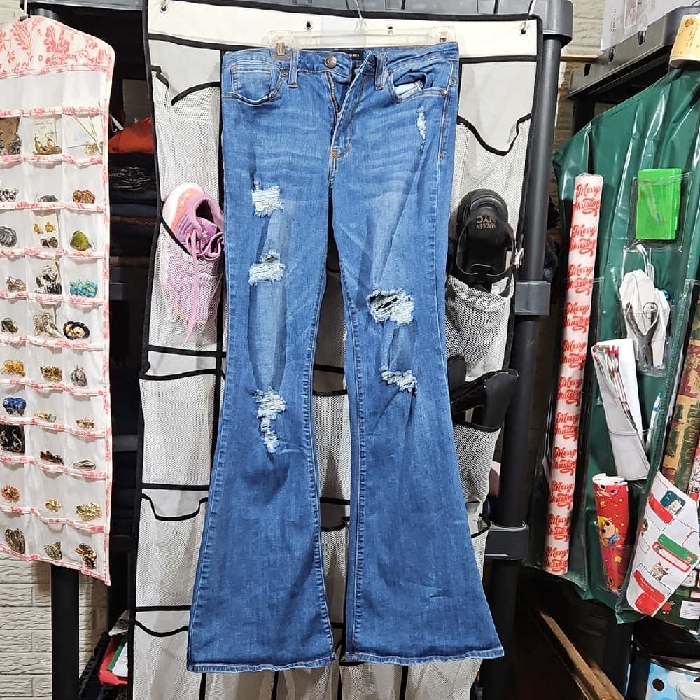 Almost Famous Distressed Flare Jeans in Blue